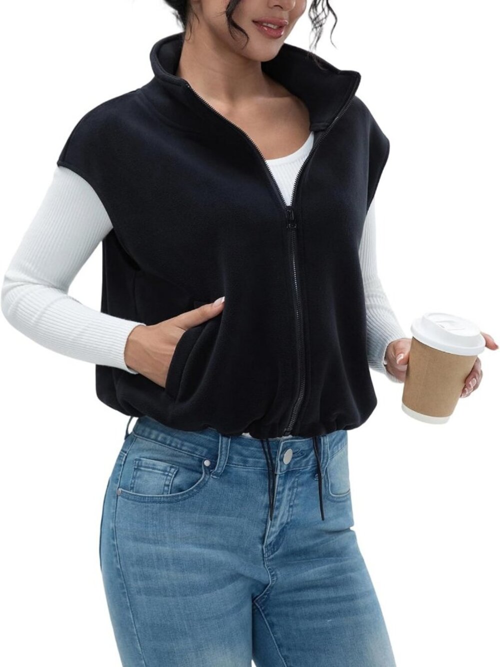 Cozy Women's Fleece Vest - Warm Sleeveless Sherpa Crop Coat with Stand Collar